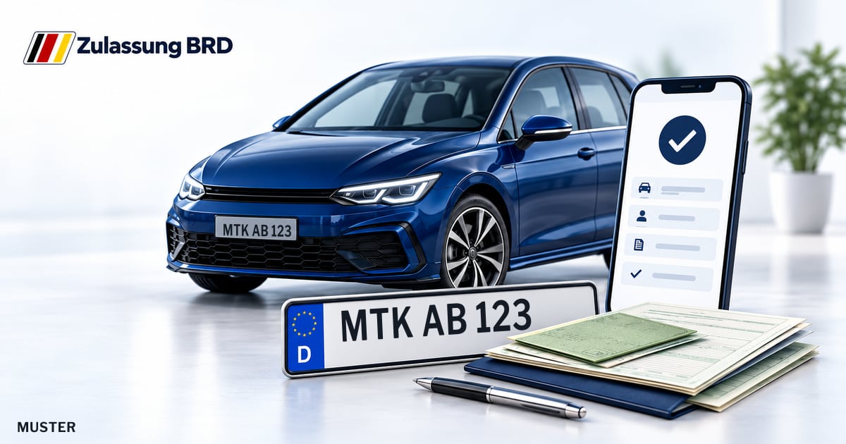 Online Fahrzeugzulassung in Eschborn: Musterkennzeichen MTK AB 123, Auto und Fahrzeugpapiere und Smartphone. Illustration mit Logo von Zulassung BRD.